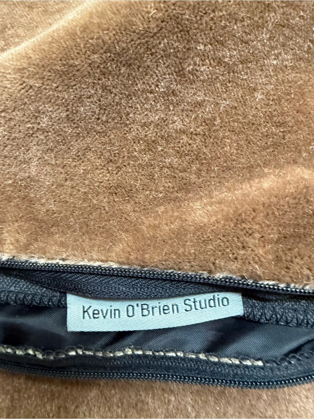 Kevin O'Brien Brown Velvet Lumbar Pillow with Green Velvet Piping